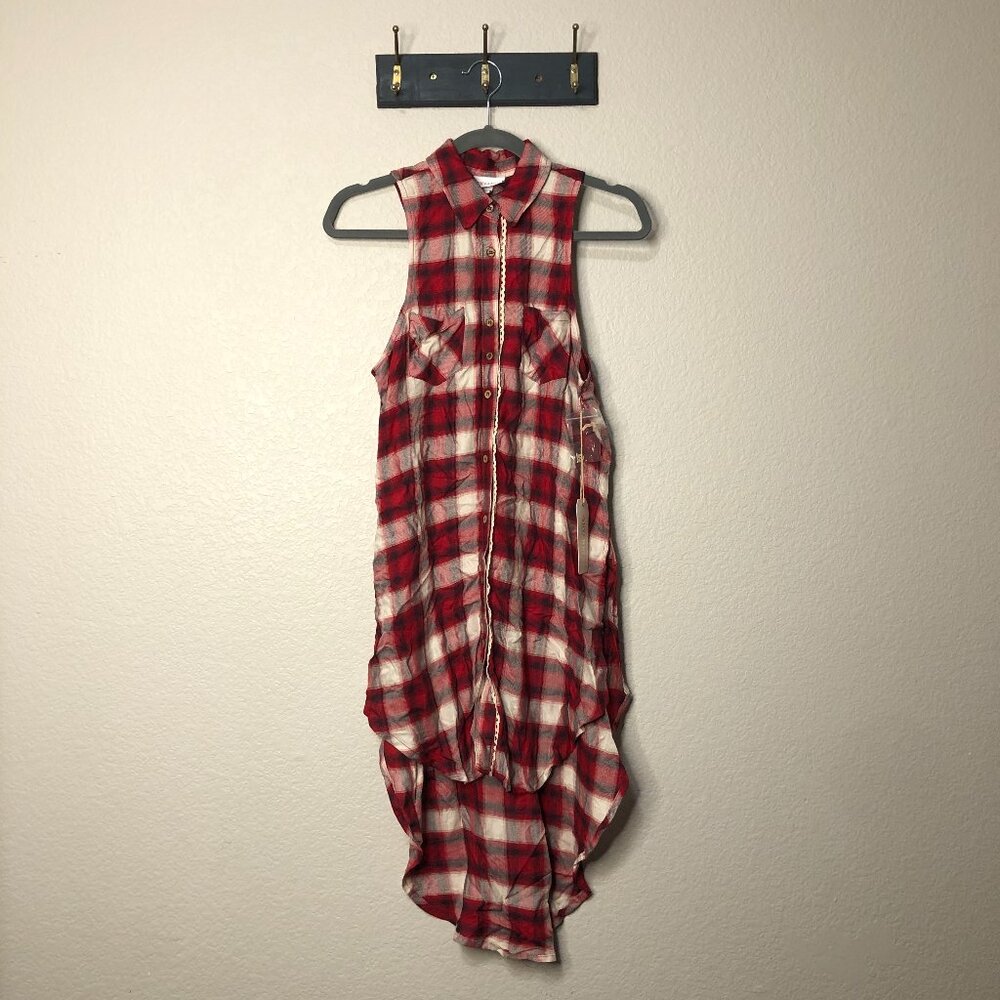 Shyanne Red Plaid Sleeveless Western High-Low Button Up Top Women's XS Rodeo NWT